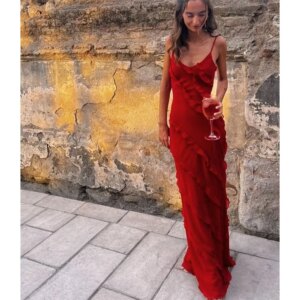 Elegant Red Evening Dresses Formal Spaghetti Strap A Line Sleeveless Floor Length High Quality Fit Banquet Prom Wedding Gowns