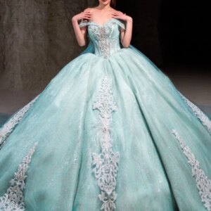 Mint Green Shiny Princess Quinceanera Dresses Off Shoulder Applique Lace Beading Tull Corset Sweet 16 Dress Ball Gown Vestidos