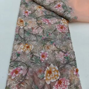 Glitter Pearls Lace 3D Flower Beaded Lace African Fabric Lace High Quality 2025 Pink Flower Sequins Fabric For Sewing KB4817