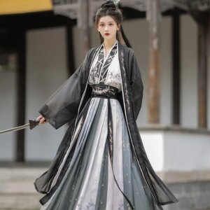 Hanfu men and women with the same adult length waist-length skirt black ink style daily
