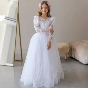 Flower Girl Dresses Princess Dress White Tulle Flowers Embroidery Long Sleeve For Wedding Birthday Party First Communion Gowns