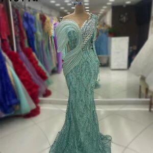 Charming MInt Green Mermaid Formal Evening Dress Beaded Crystal Prom Dreses Sequin Tassel Party Gowns vestidos de ocasión formal