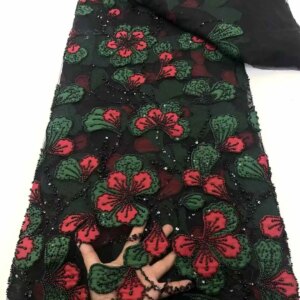 Africa Lace Fabric 5yards High Quality 2025 Nigerian Red Sequins Lace Beaded 3D Embroidery Flower Lace Fabric For Sewing