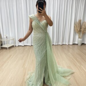 MYMB Elegant One Shoulder Green Mermaid Evening Dress High Split Luxury Beads For Women Formal Occasion Wedding Gown MB40357