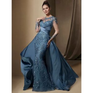 Elegant Mother of the Bride Dresses Floor Length O-Neck Full Sleeves Slim Fit Trumpet Fancy Lace High Quality Women Prom Gowns