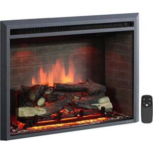 Electric Fireplace Insert with Remote Control 750/1500W Black 33″ Wide Resin Log Adjustable Thermostat Energy Saving LED Easy