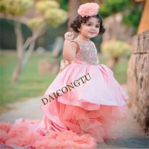 CustomizedClassic White Satin Flower Girl Dress Short Sleeve Little Princess Birthday Party Gown Kids Cloth Christmas New Year