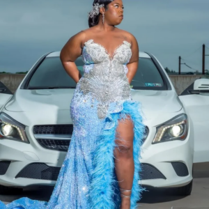 Customized Glitter Crystal Prom Dresses Luxury Beads Sequins Sky Blue Black Girl Formal Evening Gowns Mermaid Graduation Party