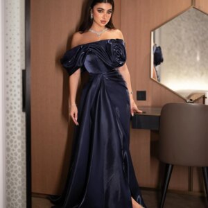 Customized Temperament Blue Satin Evening Dress Delicate Flowers Boat Neck Sweep Train Off The Shoulder Bespoke Occasi