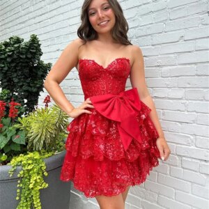 Red Tulle Mini Prom Dresses Strapless Sweetheart A-line Appliques Sequins Cake Dress Lovely Bow Belt Tiered Ruffles Party Gowns