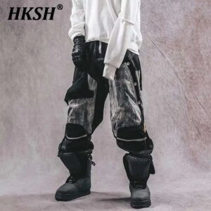 HKSH Men’s Chic Punk 3D Spliced Deconstructing Overalls Vintage Waste Land Large Pocket Tide Leggings Dark Cargo Pants HK0812