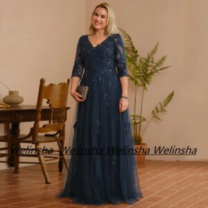 Sparkling Sequin Mother of The Bride Dress V Neck 3/4 Sleeves Applique Tulle A Line Navy Blue Plus Size Wedding Guest Gown