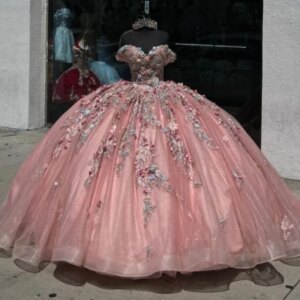 Luxury Pink Mexican Quinceanera Dressess Off The Shoulder Applique Lace Beads Tull vestido 15 quinceaneras anos Corset Prom Lace