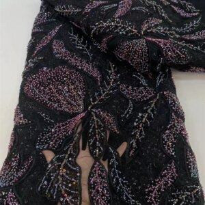 Latest Black African Beaded Net Mesh Lace Fabric 2024 Beads Embroidery Sequins French Tulle Lace For Nigerian Party Dress A740-1