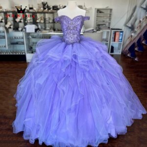 Purple Charming Sweet 16 Quinceanera Dresses 2023 Off the Shoulder Beaded Ruffles Ball Gown Vestido De 15 Anos Custom Made LJ61