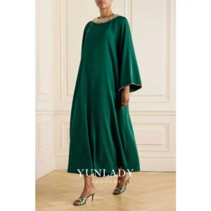 YUNLAN Dubai Luxury Crystal Green Robe Dress Saudi Long Sleeve Blouse Dress 2025 Ladies Wedding Prom Guest Formal Party DressLAN