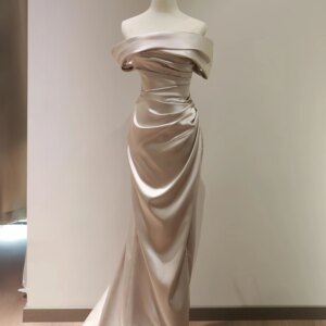Champagne Woman Evening Dress Off The Shoulder Satin Backless Mermaid Pleated Evening Party Formal Occasions Wedding Bride Gowns