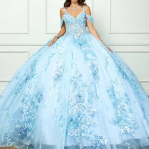 Sky Blue Quinceanera Dresses Off Shoulder Ball Gown Sweet 16 Dress Applique Lace Beads Tull Birthday Party Vestidos 15 De Anos