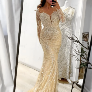 Graceful Mermaid Prom Dresses Women Nude Champagne Wedding Party Dress Long Sleeve Beads Formal Occasion Dress Customized