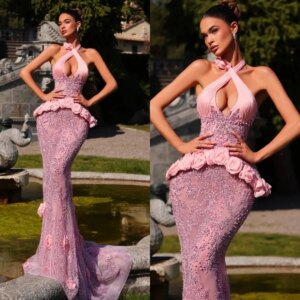 Modern Evening Dresses Pearls Appliques Prom Dress Halter See Through Handmade Flowers Mermaid Party Gowns Vestidos De Noche