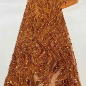 Burnt Orange Beaded Lace Fabric French Mesh African Fabric Lace High Quality 2025 Green Sequins Tulle Lace For Wedding KB4813