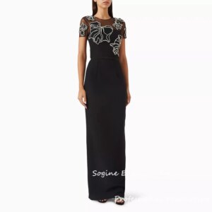 Black Evening Dresses O-Neck Short Sleeve فساتين سهره Straight High Waist Платье Вечернее With Crystal-Embellished Party Gown