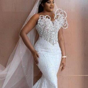 Modern White Mermaid Bridal Gowns Fashion Pearls Wedding Dress 2024 Long Train Bridal Dress Luxury Dubai Wedding Gowsn Customize