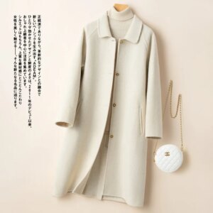24 Autumn and Winter New Wool Reversible Woolen Coat Lapel Korean Long Design Women’s Warm Coat