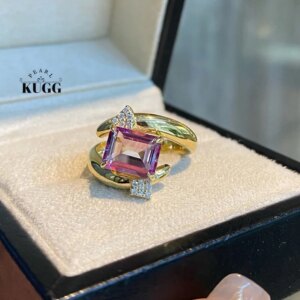 KUGG 100% 18K Yellow Gold Rings Romantic Gentle Style Shiny Diamond Natural Topaz Ring for Women High Engagement Jewelry