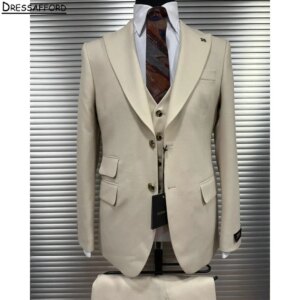 Champagne Solid Men Business Formal Occasion Tuxedos Grooms Wedding Party Prom Male Suit 3 Piece Set Blazer Vest Pants