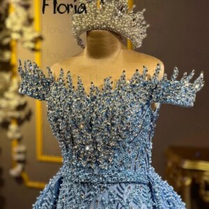 Sparkly Crystals Blue Prom Dresses Detachable Train 2 Pieces Off Shoulder Wedding Party Dress Girls Pageant Dresses Customized