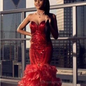 Modern Red Sequined Mermaid Prom Dress Ruffles Tiers Floor Length Evening Gown Sweetheart Sleeveless Birthday Dress Customized