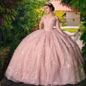 Customized Shiny Pink V-neck Off Shoulder Quinceanera Dress applique Tull Outer layer gauze vestidos de 15 Quinceanera