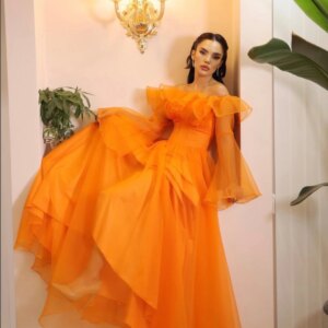 2025 Customized Orange Prom Dresses Long Sleeve Off The Shoulder Floor Length A-line Prom Gown Dubai Chiffon Elegant Party Dress
