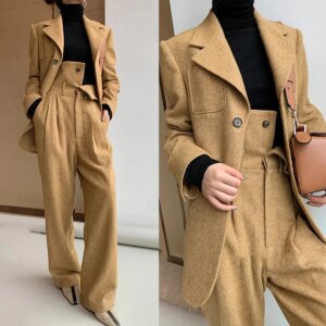 Winter Woolen Women Cloth Suits Custom Made Lady Fashion Long Sleeve V Neck Oversized Blazer Wide Leg High Waist Pants 2 Pieces
