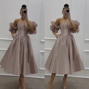 Customized High Quality Casual Formal Evening Strapless A-line Beading Draped Ankle-Length Satin Bespoke Occasion Dresses