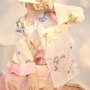 New Chinese style flower branch printed embroidery silk coat temperament fashion