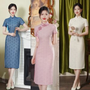 Synthetic Lace Mid-Length plus Size Cheongsam Qi Pao Summer New Retro National Style Dress