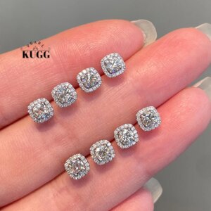 KUGG 100% 18K White Gold Earrings Women Real Natural Diamond Stud Earrings Fashion Square Shape OL Style High Party Jewelry