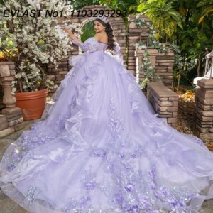 EVLAST Customized Shiny Lavender Off Shoulder Quinceanera Dress Lace Applique Beading Tiered Sweet 16 Vestidos De 15 Anos E1Q593