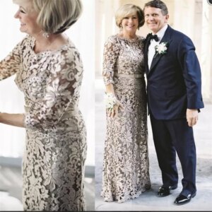 Elegant Lace Mother of the Bride Dress 2025 O-neck 3/4 Sleeves Floor Length Wedding Party Gowns Champagne Robe De Soiree