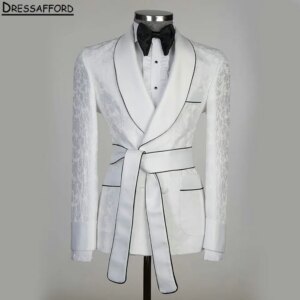White Jacquard Groom Tuxedos Groomsmen Men’s Wedding Prom Suits For Men 2 Pieces(Jacket+Pants)