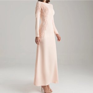 Customized  Jersey A-Line Feathers Evening Dress Crew neck Long Sleeves Floor Length Solid Color Graceful Vestidos de f