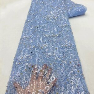 Blue High Quality 2024 Luxury Handmade Beaded French Lace Fabric Sequin Embroidery Tulle Fabric for Women dress
