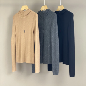 Women Hooded Half Zipper Pullover Beaded Wool Cashmere Blended All-match Knitted Sweater Top