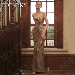EOENKKY Sparkly Gold Evening Dresses Woman Elegant Sequin Mermaid Sweetheart Party Dress Off Shoulder فساتين سهرة Customized