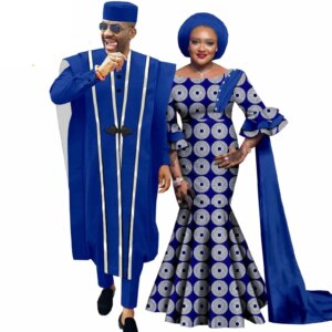 African Couple Matching Clothes Print Long Mermaid Dresses for Women Dashiki Men Outfits 4 Pieces Sets Wedding Vestidos Party