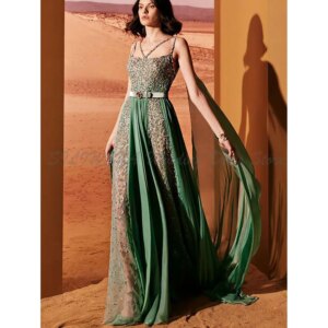 Green Evening Dresses Halter Spaghetti Strap A Line Floor Length Backless High Quality Sleeveless Alliques Celebrity Female Gown