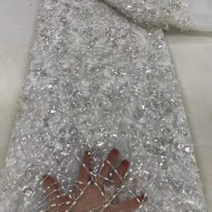 Luxury 5 Yards Lace Fabric Quality 2024 Sale White Beaded Lace Fabric High Quality African Lace Fabric Dresses 2024 Women A725-1
