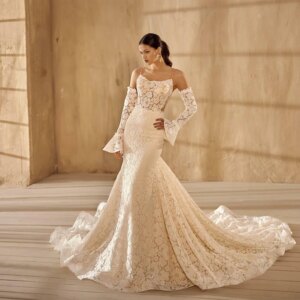 Customized Fashion Strapless Spaghetti Straps Lace Mermaid Wedding Dress 3/4 Sleeve Backless See Through Zipper Bridal Gowns